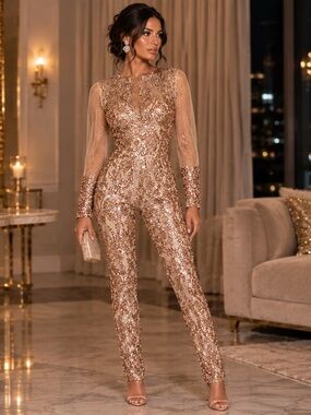 BANJUL ROSE GOLD MESH SEQUIN JUMPSUIT SMALL